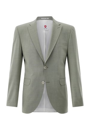 Light gray men's blazer with notch lapels, two-button front, flap pockets, and a chest welt pocket, displayed on a white background.