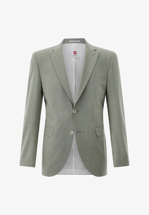Light gray men's blazer with notch lapels, two-button front, flap pockets, and a chest welt pocket, displayed on a white background.