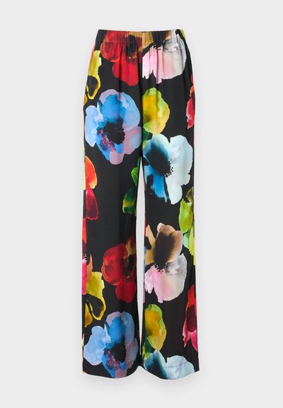 Breda byxor i svart tyg med stora, färgglada blommönster i rött, blått, rosa och grönt. Resårmidja för komfort.