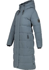 Padded long coat in muted gray. Features a hood, zippered side pocket, elastic cuffs, and snap buttons along the seam. Smooth fabric texture.