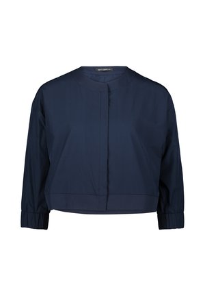 Blusa navy cropped realizzata in tessuto liscio. Presenta un collo tondo, maniche lunghe con polsini elasticizzati e una cucitura centrale sulla parte anteriore.