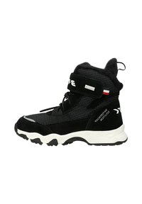 Zwarte waterdichte laarzen met een ontwerp van suede en mesh, een gevoerde kraag, een verstelbare riem en een witte rubberen outsole met grippatronen.