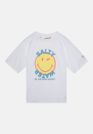 White cotton t-shirt featuring a large yellow smiley face with a wink, surrounded by "SALTY WATER" in blue and pink lettering. Short sleeves.