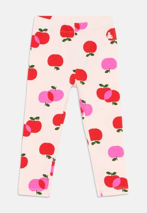 Leggings de algodão em rosa claro, com um padrão de maçãs vermelhas e rosas com folhas verdes. Cintura elástica, ajuste justo.