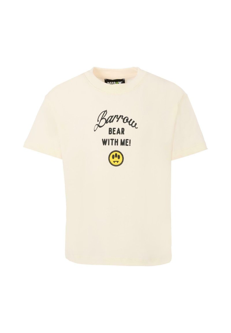Crème-kleurig katoen t-shirt met korte mouwen, met zwarte tekst "Barrow BEAR WITH ME!" en een gele glimlachende gezicht grafiek.