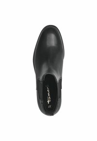 Svarta läderankelboots med elastiska sidopaneler, slät yta, rund tå och strukturerad sula. Inredningen har varumärkeslogotyp.