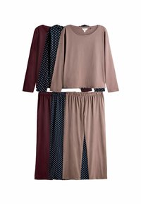 Drie sets van lange mouwen tops en bijpassende elastische taille broeken in mauve, marineblauw met witte stippen en donker bordeaux kleuren.