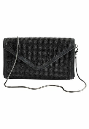 Zwarte rechthoekige clutch met strassstenen details en een dunne zilveren kettingriem, voorzien van een envelopstijl flapsluiting.