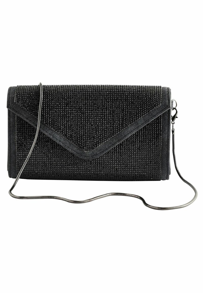 Pochette rectangulaire noire avec des détails en strass et une fine bandoulière en chaîne argentée, dotée d'un rabat de style enveloppe.