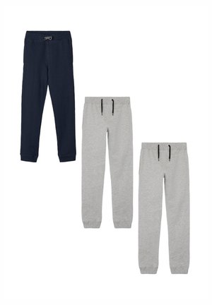 Bequeme Sweatpants in Navy und zwei Grautönen. Merkmale sind elastische Taillenbänder, verstellbare Kordeln und Bündchen an den Knöcheln.