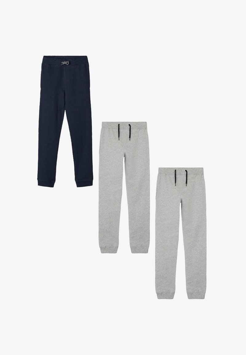 Bequeme Sweatpants in Navy und zwei Grautönen. Merkmale sind elastische Taillenbänder, verstellbare Kordeln und Bündchen an den Knöcheln.