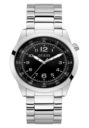 Montre en acier inoxydable argenté avec un cadran noir rond, de grands chiffres blancs et des aiguilles des heures et des minutes argentées. Comprend un bracelet en métal à maillons.