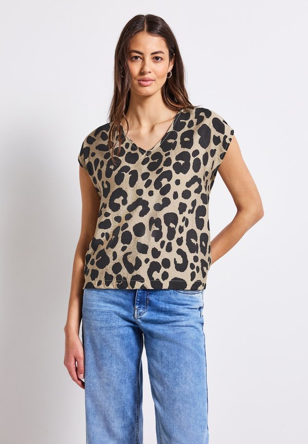 V-NECK MIT LEO-PRINT - Bluse - beige