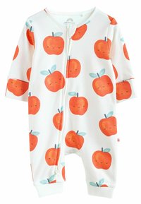 Vit body med ett upprepat mönster av leende orange äpplen med turkosa blad, framdragkedja och manschetter vid ärmar och anklar.