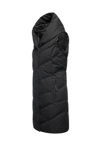 Schwarze, ärmellose Steppweste mit hohem Kragen, diagonalem Steppmuster, Reißverschluss vorne und zwei Seitentaschen. Glatte Textur.