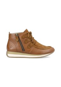 Bottine en cuir brun avec des accents en daim, lacets en textile, fermeture éclair latérale et semelle en caoutchouc blanc. Présente une pointe arrondie et une finition texturée.