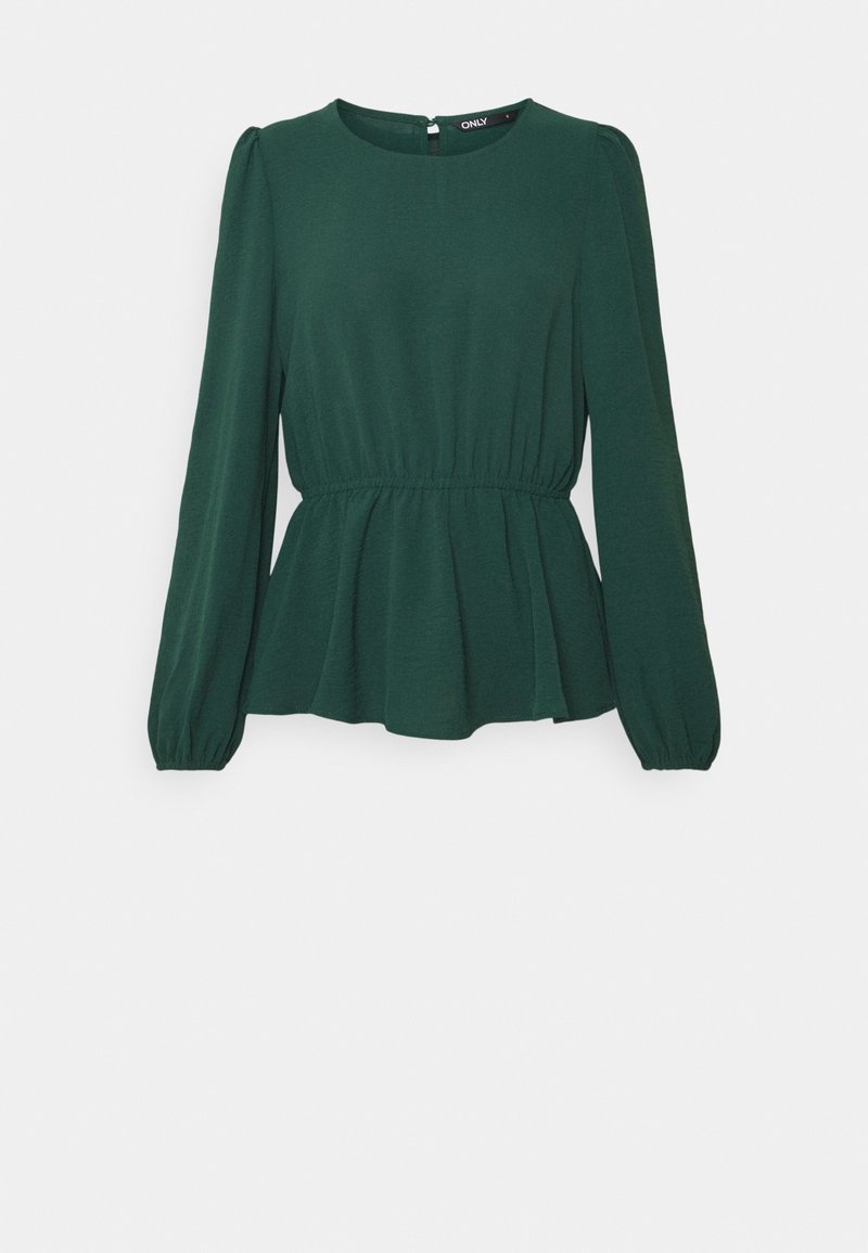 Maglia a maniche lunghe verde scuro con scollo rotondo, vita arricciata e orlo peplum; realizzata in un tessuto testurizzato con una leggera lucentezza.