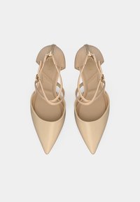 Escarpins nude à bout pointu avec une finition satinée lisse, un design à bride à la cheville et un talon fin. Caractéristiques : brides ajustables et silhouette élégante.