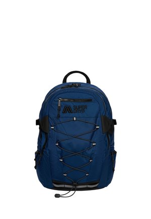 Blauer Superdry-Rucksack mit vorderen Bungee-Seilen, mehreren Reißverschlussfächern, Seitentaschen und einem oberen Tragegriff.