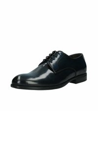 Scarpa formale in pelle nera con finitura lucida, punta arrotondata, lacci anteriore e dettaglio di cucitura discreto sulla parte superiore. Tacco basso e quadrato.