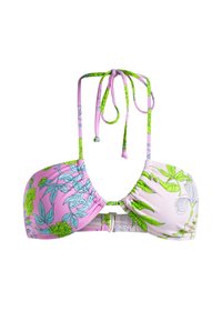 Multicolored bikini top with a floral pattern. Pink and green shades, adjustable ties, and a clasp closure at the back.