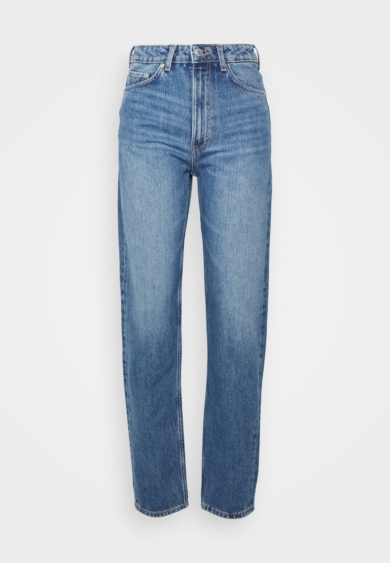 Jeans de ganga azuis de cintura alta com perna reta, apresentando um design clássico de 5 bolsos e um acabamento ligeiramente desbotado.