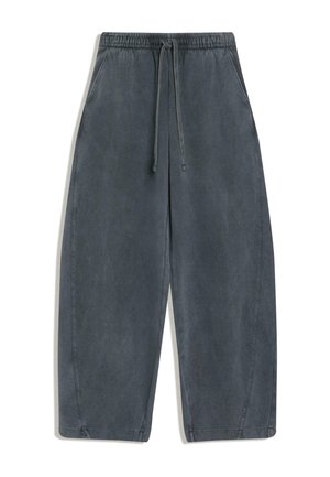 Donkergrijze casual broek met wijde pijpen, elastische tailleband en vooraan een trekkoord, met zijzakken en gestikte zomen.