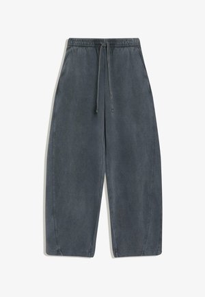 Donkergrijze casual broek met wijde pijpen, elastische tailleband en vooraan een trekkoord, met zijzakken en gestikte zomen.