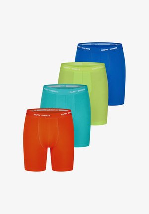 Čtyři páry pánských boxerů v jasných barvách: oranžová, tyrkysová, limetková a modrá. Všechny mají pas se nápisem "ŠŤASTNÉ ŠORTKY".
