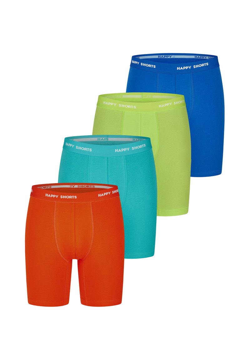 Čtyři páry pánských boxerů v jasných barvách: oranžová, tyrkysová, limetková a modrá. Všechny mají pas se nápisem "ŠŤASTNÉ ŠORTKY".