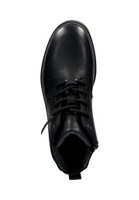 Schwarze Leder Schnürstiefel mit abgerundeter Zehenpartie, gepolstertem Knöchelkragen und strukturierten Sohle, von oben auf weißem Hintergrund gezeigt.