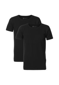 Tricouri din bumbac negre, cu guler rotund, mâneci scurte, design ajustat. Două bucăți prezentate, de o culoare solidă, fără modele sau accente vizibile.