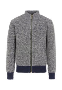 Maglione grigio e navy con zip e colletto alto, in materiale a maglia testurizzata, con polsini e orlo a coste; presenta il logo sul lato sinistro del petto.