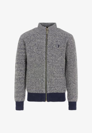 Maglione grigio e navy con zip e colletto alto, in materiale a maglia testurizzata, con polsini e orlo a coste; presenta il logo sul lato sinistro del petto.