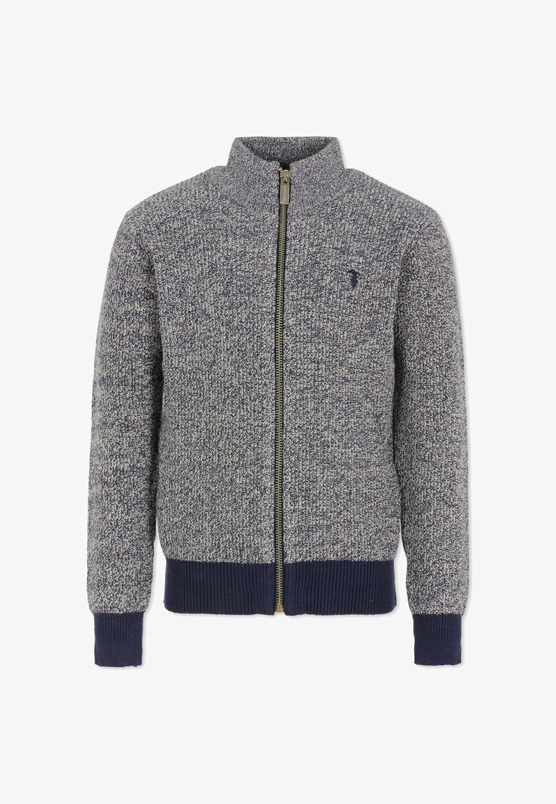 Maglione grigio e navy con zip e colletto alto, in materiale a maglia testurizzata, con polsini e orlo a coste; presenta il logo sul lato sinistro del petto.