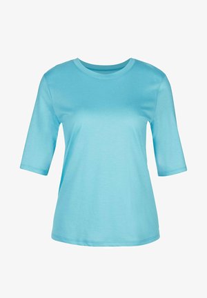 Lichtblauw T-shirt met korte mouwen, gemaakt van zachte, gladde stof. Heeft een ronde halslijn en een eenvoudig ontwerp zonder patronen of versieringen.