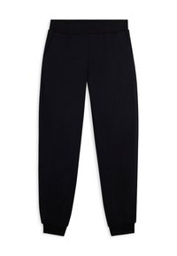 Pantalons de survêtement noirs en matériau doux, dotés d'une taille élastique et de poches latérales, avec des ourlets côtelés aux chevilles.