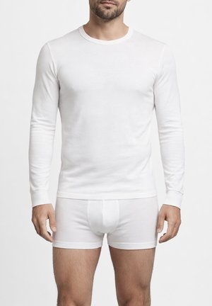 Uomo che indossa una maglia bianca aderente a maniche lunghe e boxer bianchi, in piedi contro uno sfondo bianco semplice.