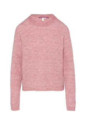 Rosa gestrickter Pullover mit rundem Ausschnitt, langen Ärmeln und legerem Schnitt. Die Textur ist weich mit einem dezenten Muster.