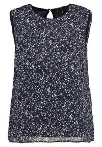 Ärmelloses dunkelblaues Oberteil mit einem gesprenkelten Druck in Rosa, Weiß und Blau. Aus weichem Stoff gefertigt, mit einem Schlüsselloch-Ausschnitt hinten und seitlichen Schlitzen für zusätzliche Details.