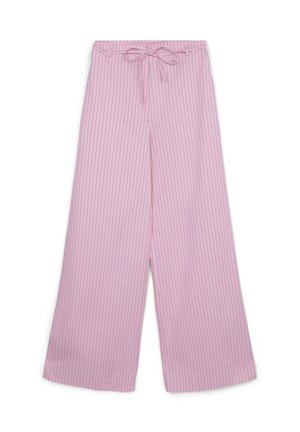 Pantalons larges roses avec de fines rayures verticales noires et un cordon de serrage rose assorti noué à la taille.