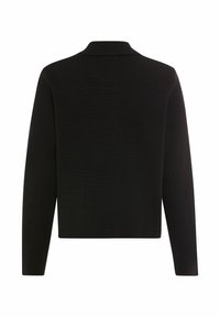 Schwarze, gestrickte Strickjacke mit langen Ärmeln, einem Kragen und einem kurz geschnittenen Design. Sie zeichnet sich durch eine glatte Textur aus und hat keine sichtbaren Verschlüsse oder Muster.