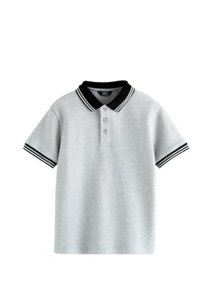Polo a maniche corte di colore grigio chiaro con motivo testurizzato, colletto nero e accenti striati sulle maniche. Presenta una chiusura a tre bottoni.
