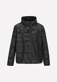 Sort camouflage pulloverjakke med hætte, knaplukning, elastiske manchetter og snoretræk i kanten. Lavet af et let, glat materiale.