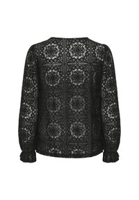 Top in pizzo nero con motivo floreale, maniche lunghe e polsini arricciati. Tessuto trasparente con un motivo quadrato in tutto. Collo piatto sul retro.