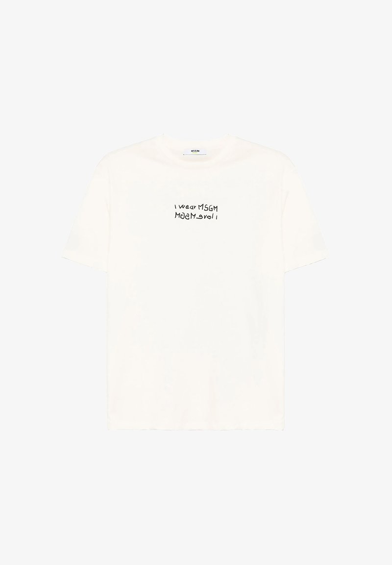 Maglietta bianca a maniche corte con testo nero "I wear MSGM" e "Love MSGM" speculare al centro anteriore sotto la scollatura.