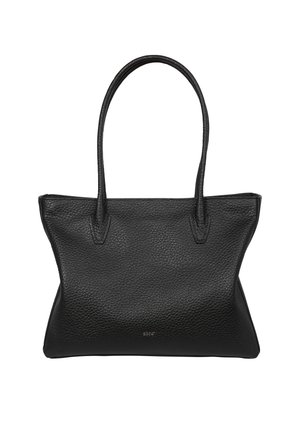 Schwarze Leder-Tote-Bag mit strukturiertem Finish, verlängerten Griffen und breiter rechteckiger Form. Einfaches Design ohne sichtbare Hardware.