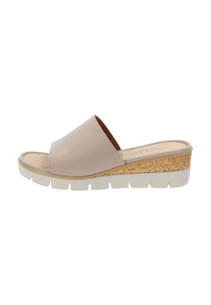 Infradito beige con tomaia in pelle liscia, soletta in sughero e suola in gomma bianca. Design aperto sulla punta e tacco leggermente elevato.