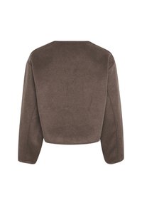 Brun cropped sweatshirt med lange ærmer, lavet af blødt stof. Har en bred halsudskæring og sømløs design med minimale syninger.