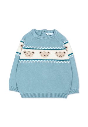 Maglione per bambini azzurro chiaro lavorato a maglia con fasce bianche che presentano facce di orsacchiotto e piccoli motivi a cuore intorno al petto e alle braccia.